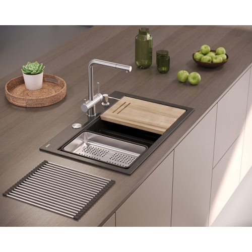 zlewozmywak 2 komorowy granitowy nablatowy 76x80cm czarny z broktatem